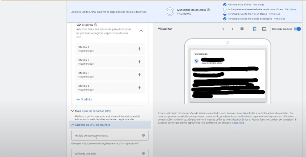 Google Ads URL de Modelo de Acompanhamento